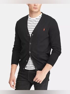 Polo Ralph Lauren Sweater Men's 100% Cotton Cardigan V Neck Black Red Sz XL